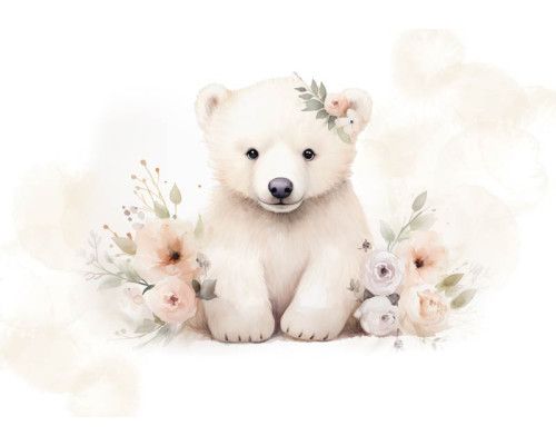 Fotobehang van een kleine ijsbeer met bloemen, vrolijk en speels voor kinderen.