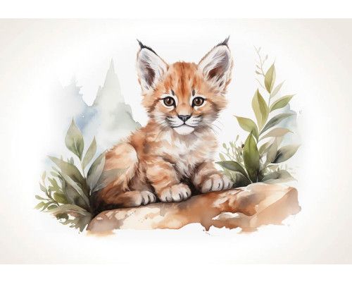 Fotobehang van een kleine lynx, geschikt voor kinderkamers met een avontuurlijk thema.