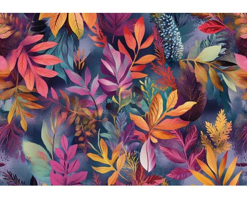 Fotobehang met een kleurrijk bladerdek van tropische bladeren in verschillende vormen en tinten.