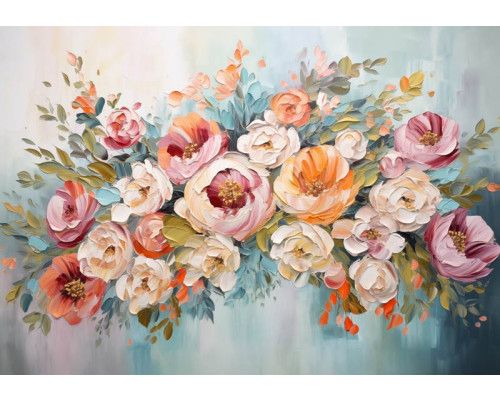 Fotobehang van kleurrijke bloemen in een kunstzinnige compositie, perfect voor een levendige sfeer.