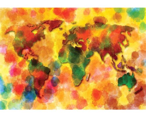 Fotobehang van een kleurrijke wereldkaart, artistiek en abstract weergegeven.