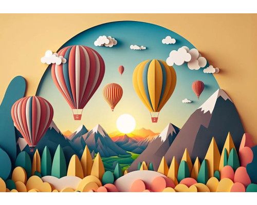 Fotobehang van kleurrijke papierkunst met luchtballonnen, in een vrolijke landschapssetting.