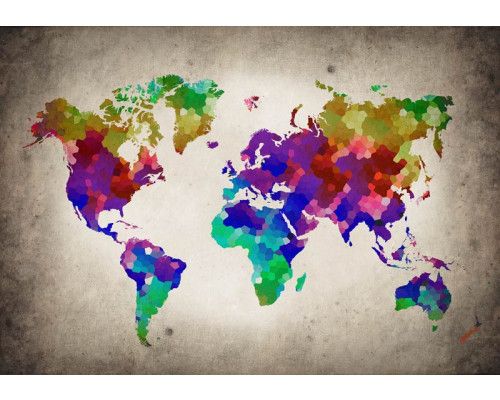 Wereldkaart fotobehang met abstracte weergave van landen en steden in levendige kleuren.
