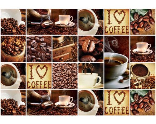 Fotobehang met een koffiecollage en de tekst 'I Love Coffee,' ideaal voor koffieliefhebbers.