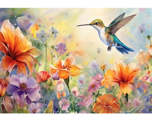 Fotobehang van een schilderij met een kolibrie die tussen bloemen vliegt, in een kunstzinnige weergave van natuur en vogel.