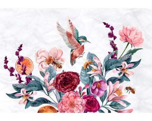 Fotobehang van een kolibrie die zweeft boven bloemen, samen met bijen die tussen de bloesems vliegen.