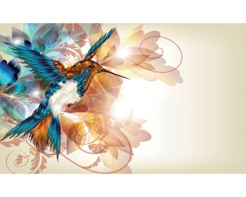 Fotobehang van een kleurrijke kolibrie, weergegeven in een kunstzinnige en natuurlijke compositie.
