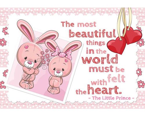 Fotobehang van konijntjes met harten en spreuken voor babykamers.