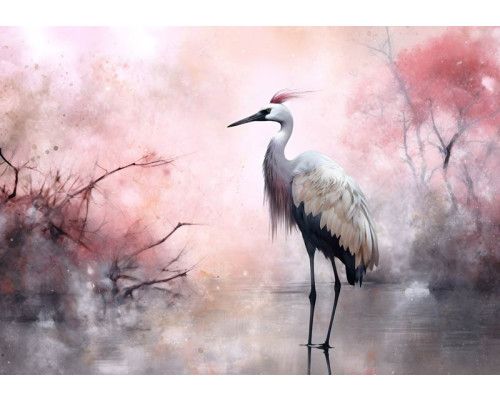 Fotobehang van een elegante kraanvogel, staand bij een meer met delicate bloemen, in een kunstzinnige stijl.
