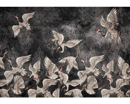 Zwart-wit abstracte kunst van kraanvogels op luxe fotobehang, ideaal voor een modern en stijlvol interieur.
