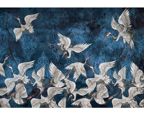 Abstracte kunst van kraanvogels, gedetailleerd weergegeven op luxe fotobehang met kleurrijke accenten.