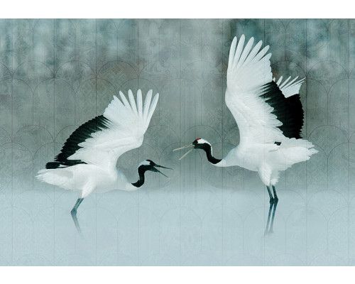 Fotobehang, Kraanvogels als geschilderd