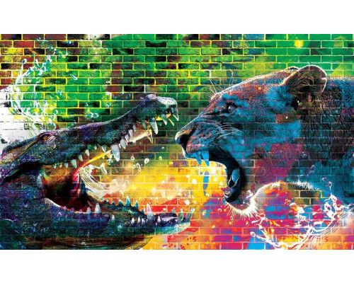 Fotobehang van een krokodil en leeuwin met graffiti tekening, stoer en urban.