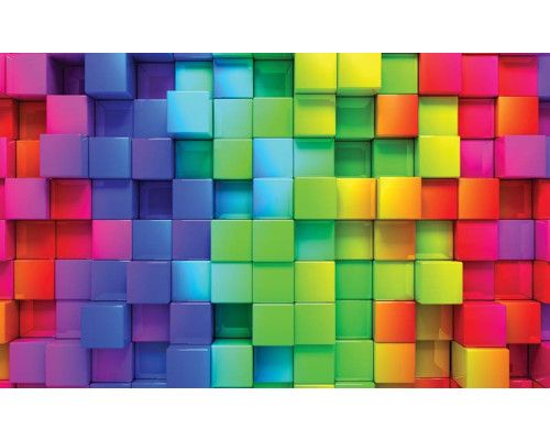 Fotobehang met gekleurde kubussen in 3D-stijl die een speels en ruimtelijk effect aan de muur geven.