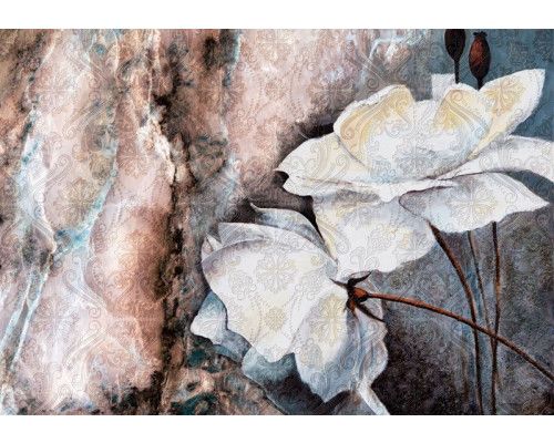 Kunstfotobehang met bloemen, schilderijstijl en warme kleuren.