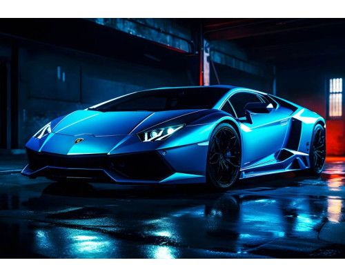 Neon Lamborghini Aventador afgebeeld in een futuristische raceomgeving, weergegeven op dit energieke fotobehang.