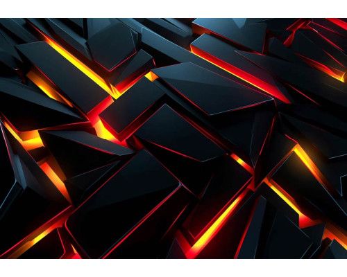 Fotobehang met zwarte 3D-blokken en vurige lava-achtige gloed in rood, oranje en geel.