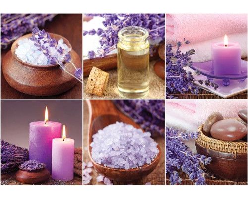 Fotobehang van een lavendelcollage, met bloemen, kaarsen en badkamerspullen in spa-stijl.