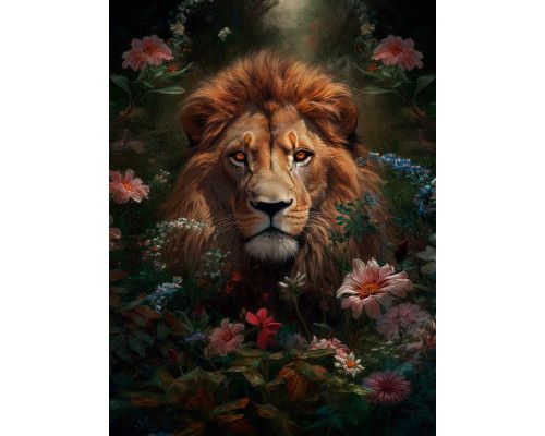 Fotobehang van een leeuw te midden van bloemen, met een natuurlijke en krachtige uitstraling.