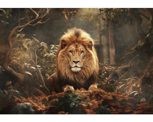 Fotobehang van een imposante leeuw die trots door de wildernis loopt, vastgelegd in zijn natuurlijke habitat, met weelderige vegetatie op de achtergrond.