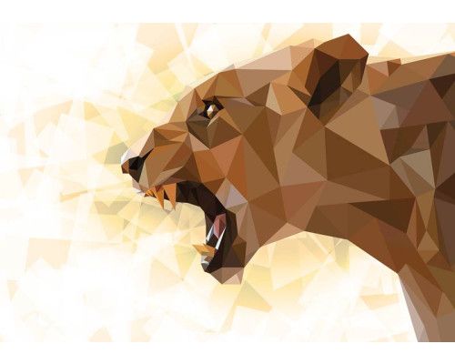 Fotobehang van een leeuwin, kunstzinnig geschilderd in warme tinten.