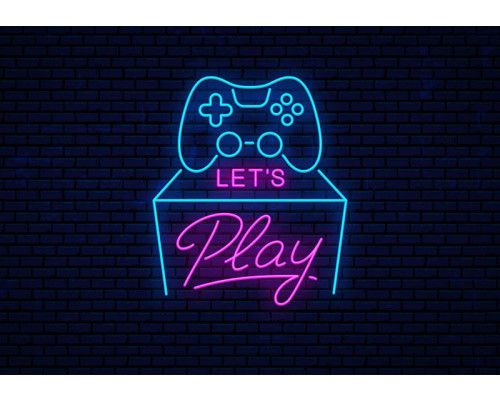Fotobehang Let’s Play Gaming Neon met neon gamecontroller en roze tekst op donkere baksteenachtergrond.
