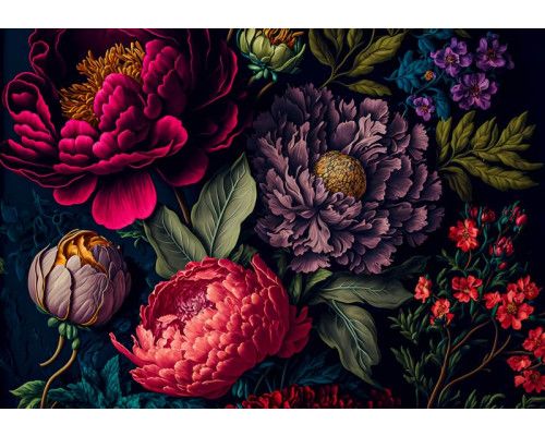 Levendige bloemenpracht van pioenrozen, afgebeeld op een gedetailleerd kunstschilderij als fotobehang.