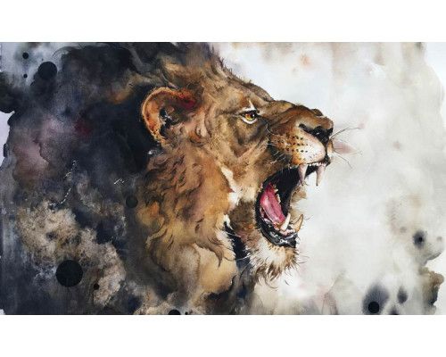 Een artistieke weergave van een leeuw op een schilderachtig fotobehang, met levendige kleuren en details.
