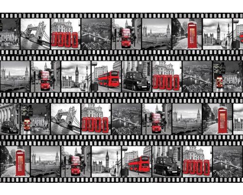 Fotobehang met een filmstrip van Londen, met Big Ben, de Tower Bridge en rode dubbeldekkers.