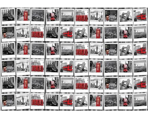 Fotobehang met een fotocollage uit Londen, met foto's van Big Ben, de Tower Bridge en rode dubbeldekkers.
