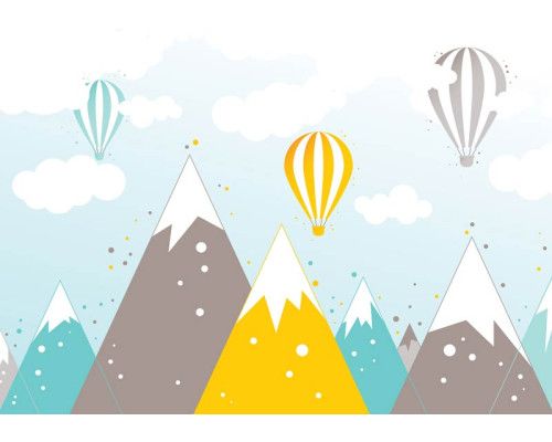 Fotobehang van luchtballonnen boven bergtoppen, speciaal voor babykamers.
