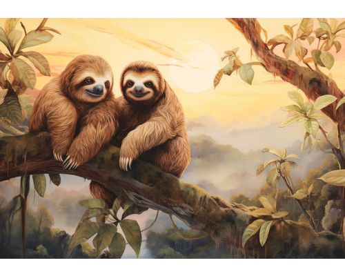 Kinderbehang met luiaards in een dichte jungle, omringd door regenwoud en weelderige groene planten.