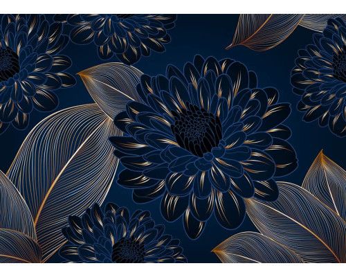 Een fotobehang met luxe chrysanten en gouden accenten, waarin elegante bloemen op een diepe achtergrond een verfijnde en exclusieve uitstraling geven.