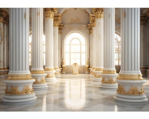 Fotobehang van een luxe gebouw met gouden pilaren, met een 3D-effect voor een koninklijke uitstraling.