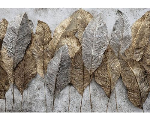 Fotobehang met tropische bladeren in groene tinten tegen een lichte achtergrond.