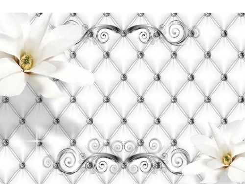 Fotobehang van luxe zilveren bloemen in een abstract kunstwerk.