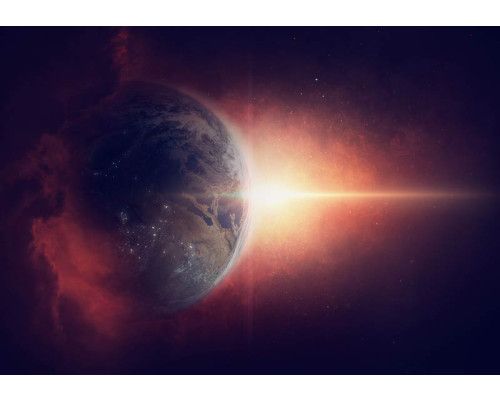 Magische planeet aarde met sterren en kosmische elementen op dit fotobehang, met een mystieke ruimte-uitstraling.