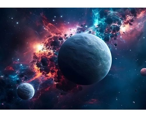 Een magische melkweg met sterren en planeten, weergegeven op een gedetailleerd fotobehang van de ruimte.