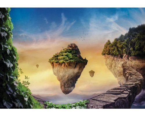 Fotobehang van een magisch eiland met sprookjesbos, wolken en boslandschap.