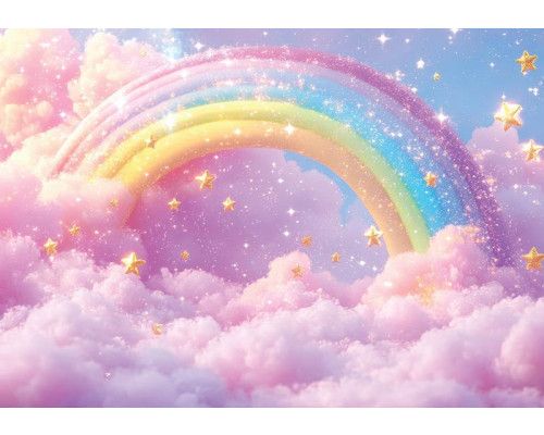 fotobehang met een kleurrijke regenboog tussen zachte, roze wolken en fonkelende sterren.