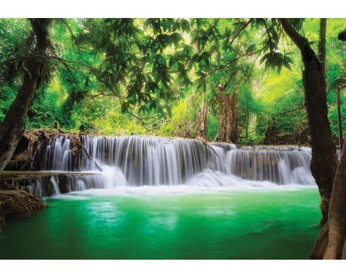 Magische waterval in een jungle, fotobehang met groen bos.