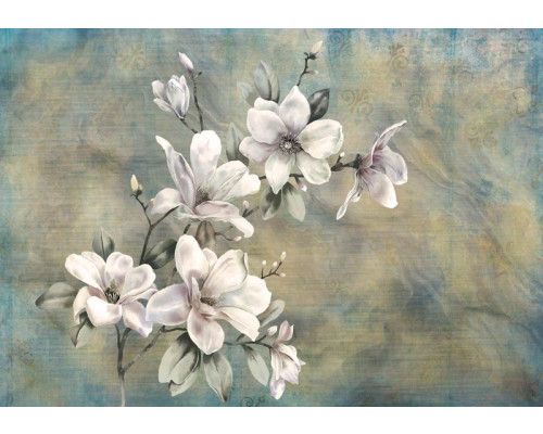 Vintage fotobehang met een schilderij van een magnolia bloem, in een retro stijl.