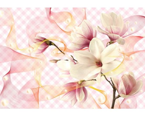 Magnolia bloemen op luxe vlies, weergegeven op een roze achtergrond in een elegant fotobehang.