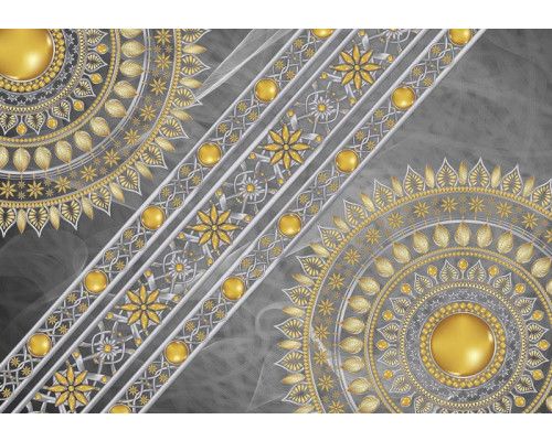 Fotobehang van een grijze mandala met gouden details, ideaal voor een elegante en rustgevende ruimte.