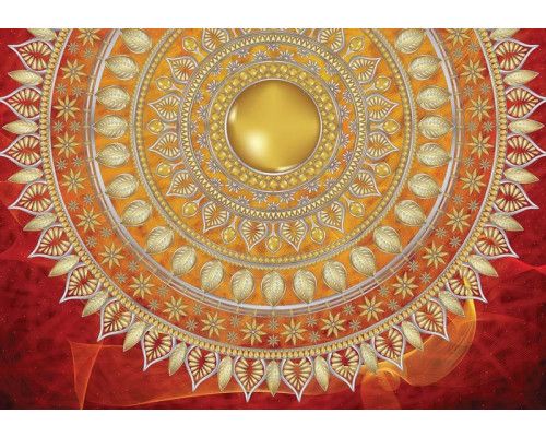 Mandala patroon in het rood, Indiaans geïnspireerd, weergegeven op een fotobehang voor een serene sfeer.