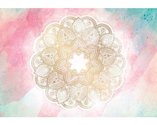 Fotobehang van een pastelkleurige mandala met symmetrische elementen in abstracte kunststijl.