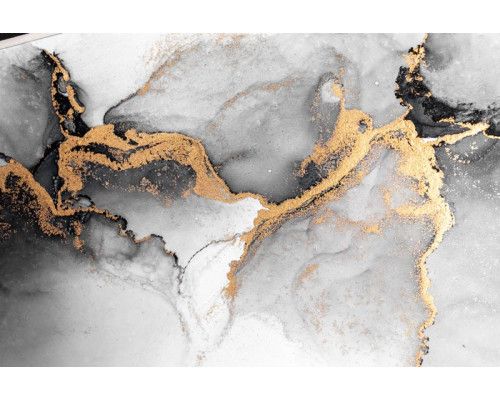 Fotobehang van marmer in grijze en gouden tinten, gecombineerd met abstracte vormen en witte details voor een frisse uitstraling.