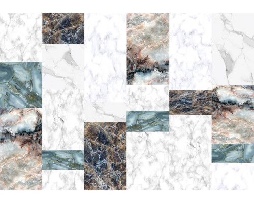 Mozaïek van marmer en tegels, gecombineerd met industriële elementen voor een moderne uitstraling.