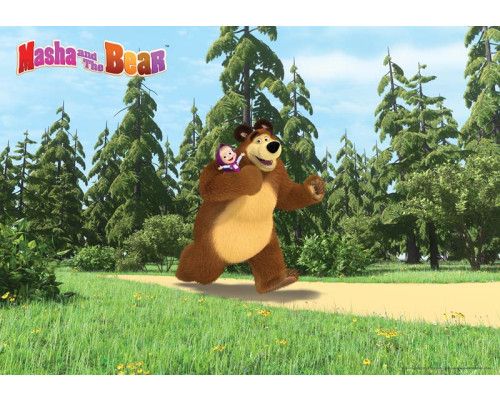 Fotobehang van Masha en de Beer, waarbij Masha avonturen beleeft met de Beer.