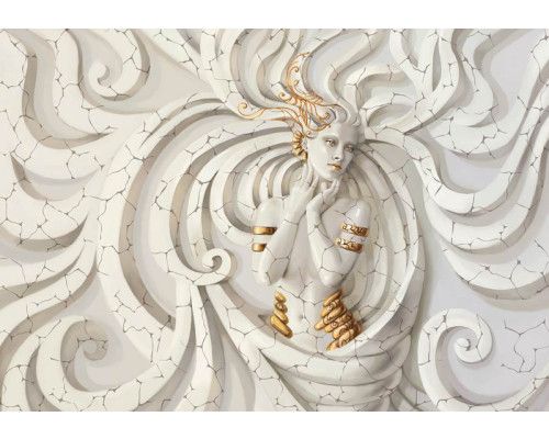 Medusa sculptuur, weergegeven op een artistiek fotobehang met beeldhouwwerken en abstractie.